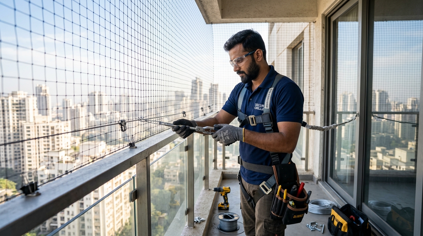Technician installing safety nets